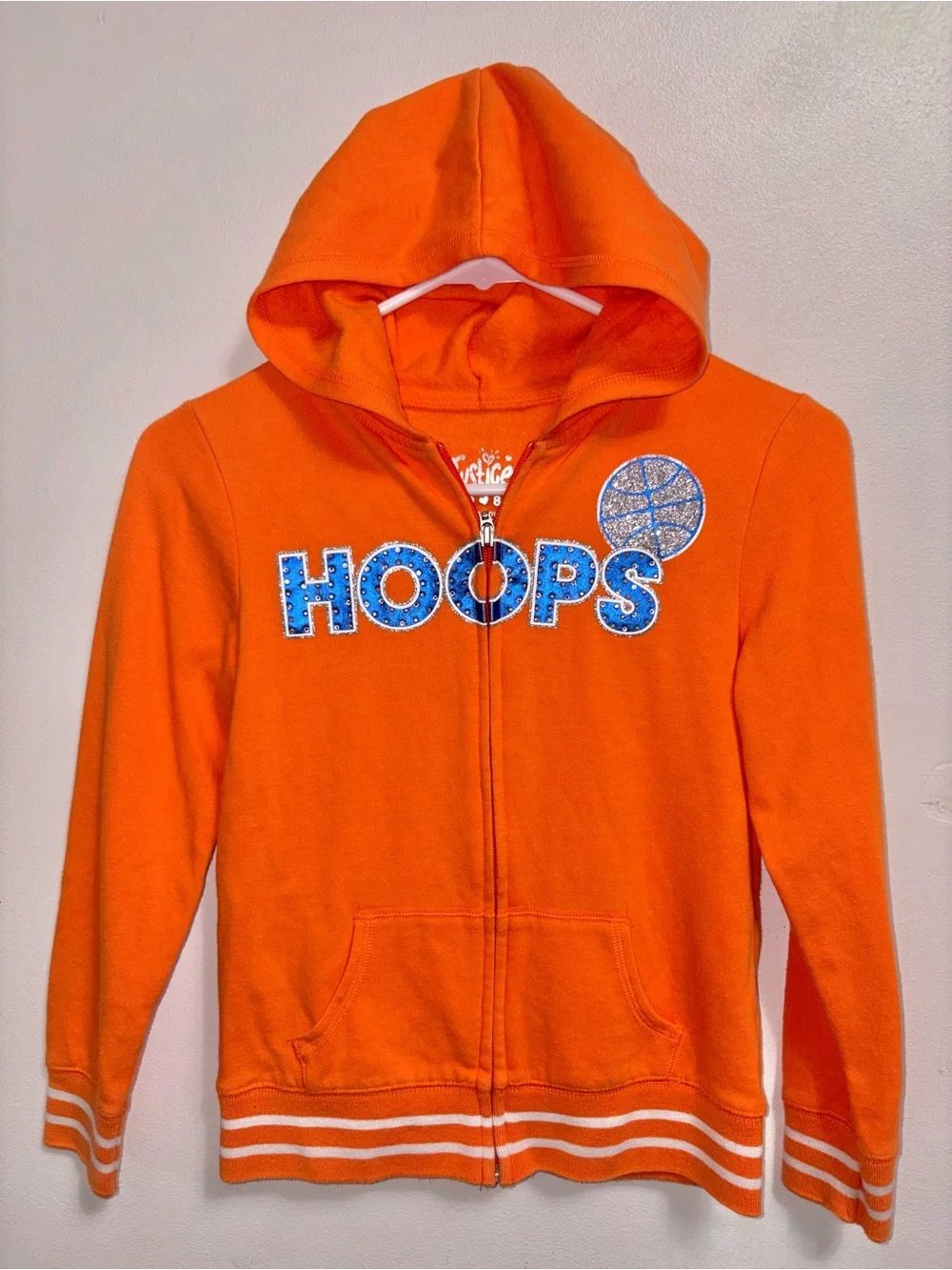 Justice Orange Hoodie with Blue 'HOOPS' Graphic